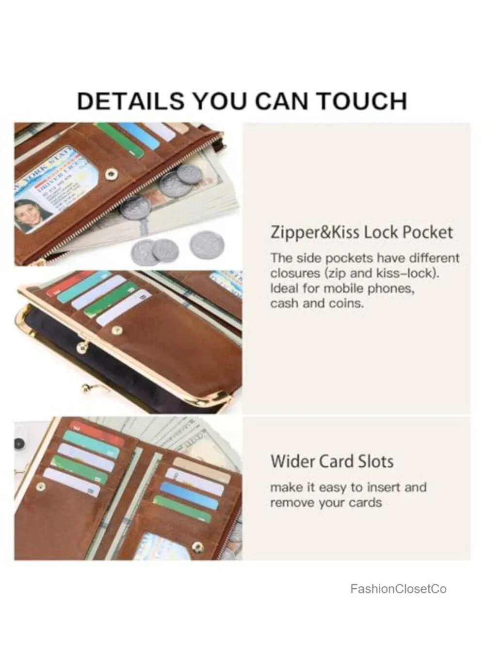 Vintage Kiss Lock Bifold Leather Wallet with Zipper Coin Pocket